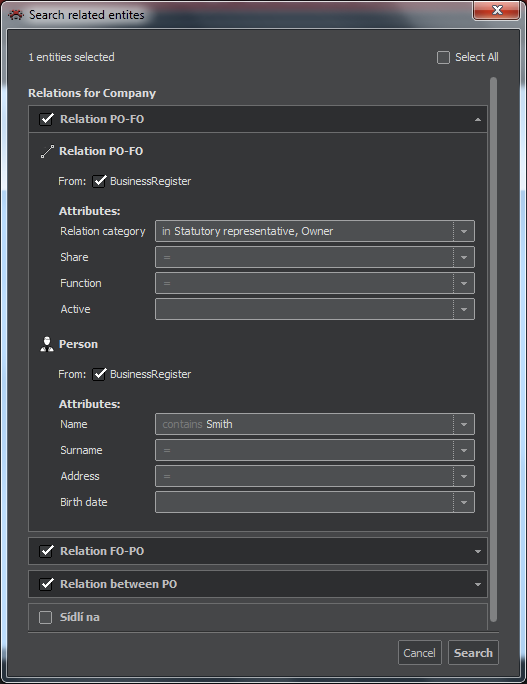 Hledání entit s parametry