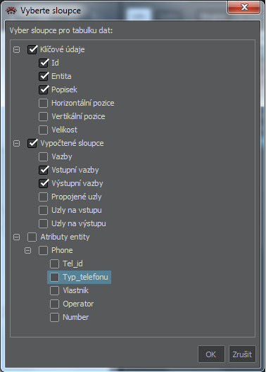 Výběr sloupců pro uzly