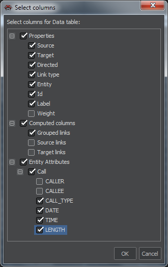 Výběr sloupců pro vazby